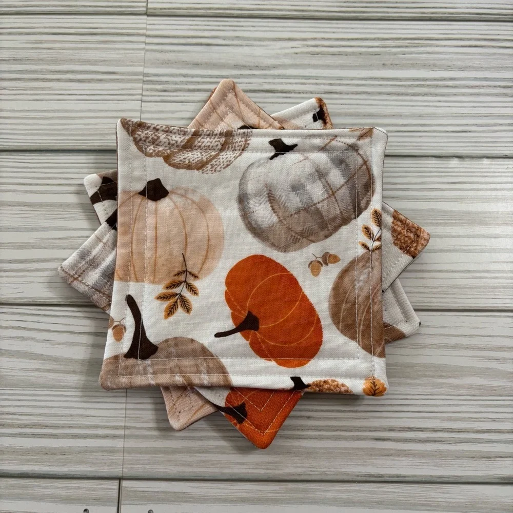 Handmade Fall Pumpkin Farmhouse Washable Reusable Fabric Coasters Set of 4